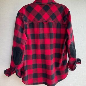 Roots Women’s Park Plaid Flannel Button Up Shirt Black Corduroy Elbow Pa…